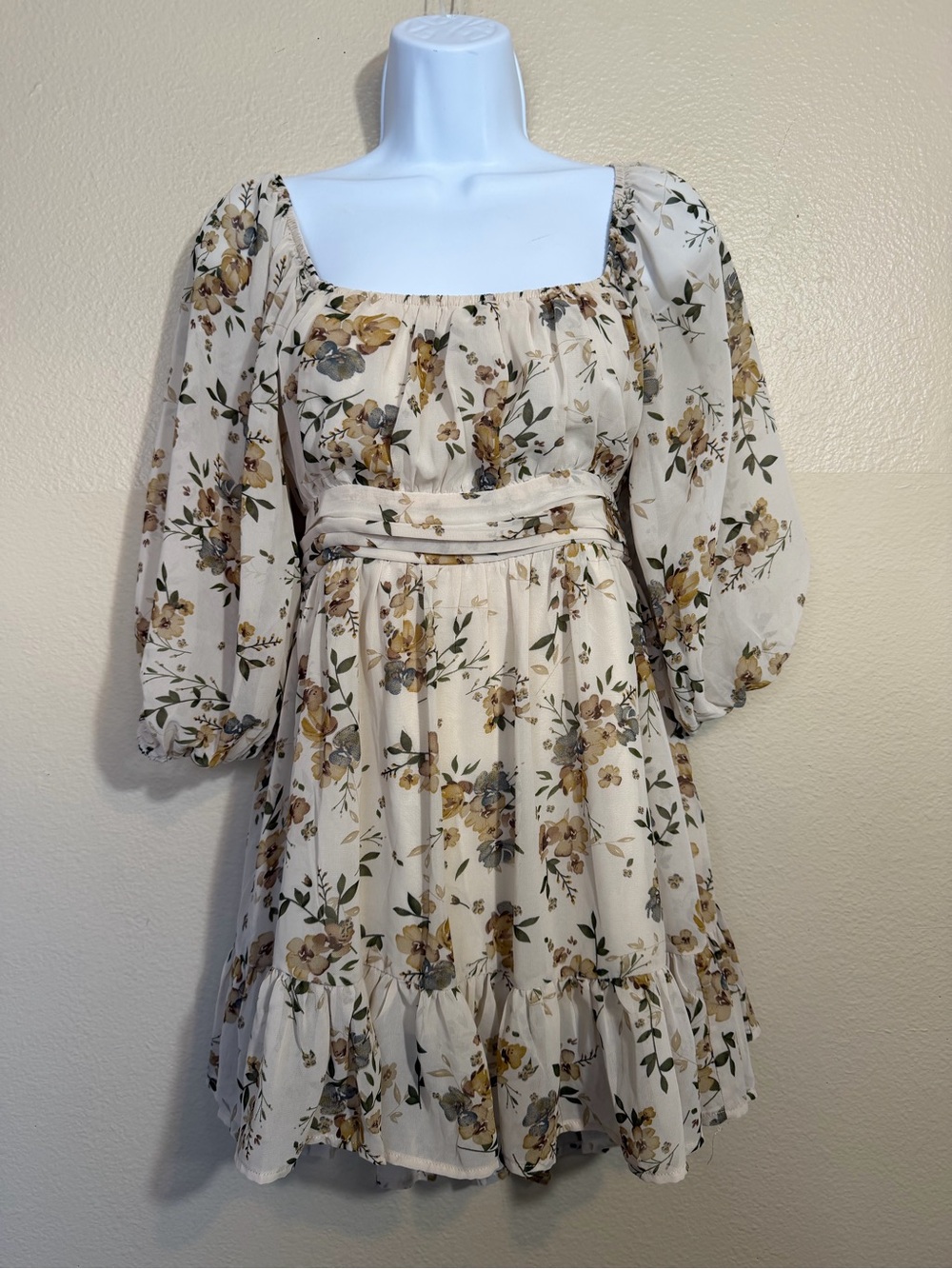 Windsor Floral Puff-Sleeve Square Neck Dress - Cream